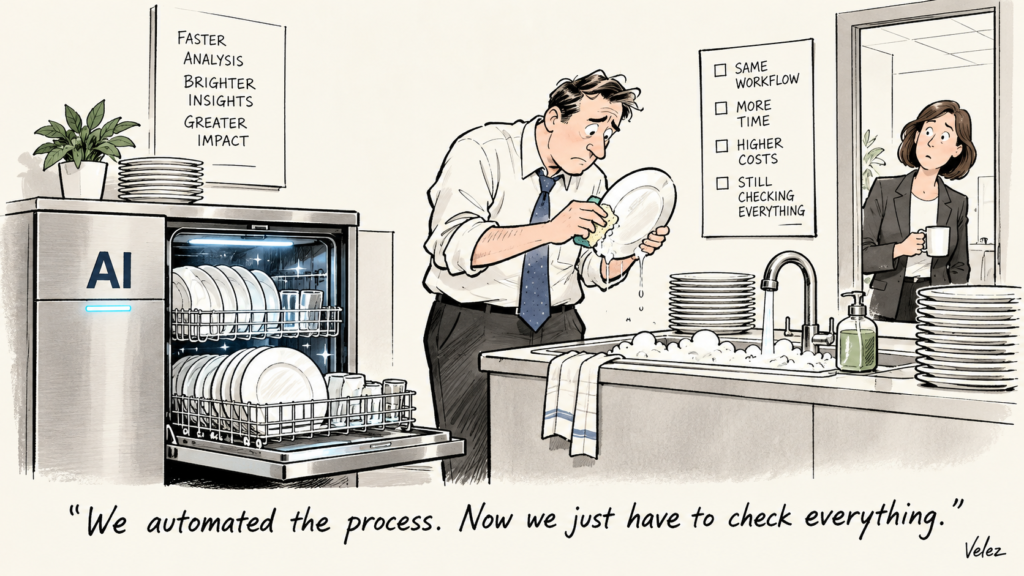 Cartoon of a worried office worker hand-washing a plate next to an open dishwasher labeled “AI,” while a colleague looks on. Caption: “We automated the process. Now we just have to check everything.”